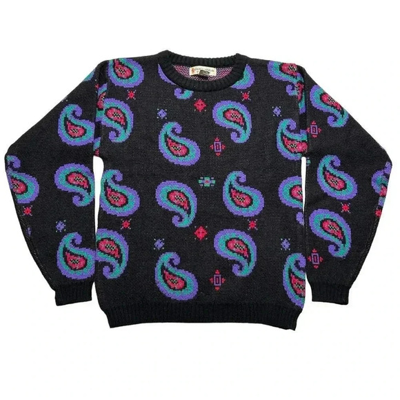 Vintage 80s Black Paisley Neon Multi Colored Sweater Women’s Small Retro Vibrant - Picture 1 of 6